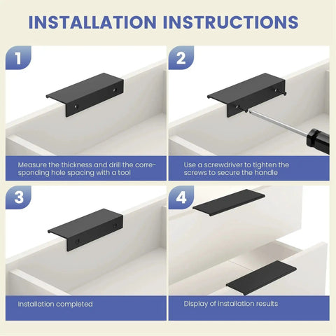 Installation instructions for 10 Pack Black Cabinet Pulls 3 Inch Aluminum Alloy Edge Finger Pull with step-by-step guide.
