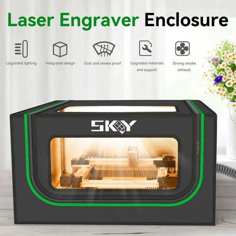 Integrated Laser Engraver Enclosure With LED Light And Vent Kit for Most Laser Cutters, front view, showing enhanced bottom design.