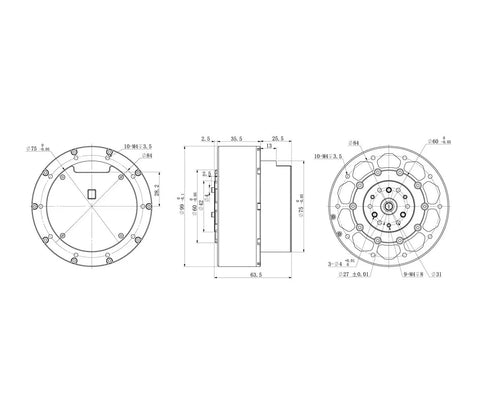 MG8016E V3 dual-encoder planetary reducer with DC servo motor and brake, CAN; front, side, rear CAD views.