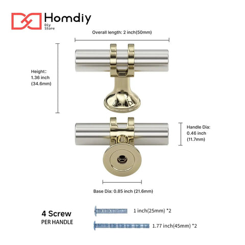 Image of 10 Pack Brushed Nickel Cabinet Knobs with silver gold accents, including dimensions and screw details for kitchen and bathroom use.