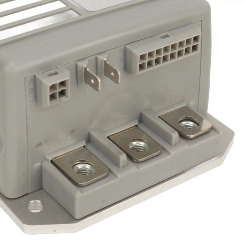 Front view of Hamwesh 48V 250A DC motor controller in gray housing with B-, M-, B+ terminals and S1/S2 blades.