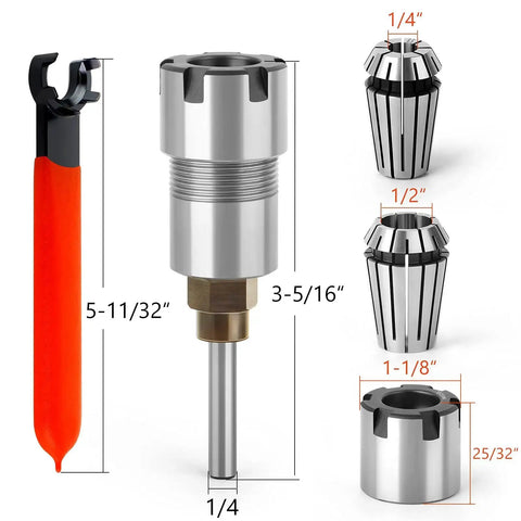1/4 Inch Shank Router Bit Extension Collet ER20M Extender Chuck Converter Adapter with sizes and wrench shown