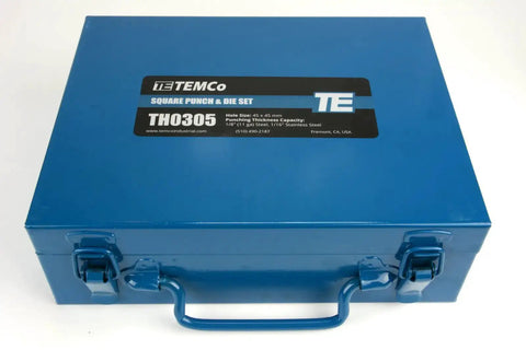 Blue carrying case for Square 45mm By 45mm One Sixteenth DIN Panel Punch Die Set With Draw Studs And Spacers Built For English And Metric Punch Sets 12 Ton Capacity Delivers Clean Precise Panel Openings Heavy Duty.