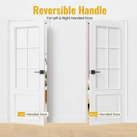 Matte Black Interior Door Lever With Square Plate on both left and right-handed white doors