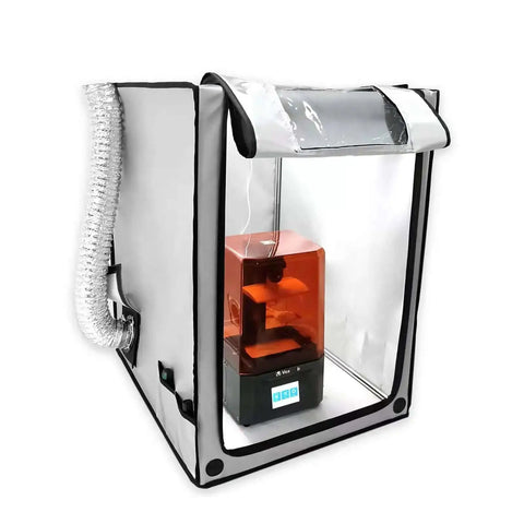 Image of All In One 3D Printer Enclosure With Fume Extractor Eye Shield Laser Engraver, showing a printer inside a clear tent with smoke pipe.
