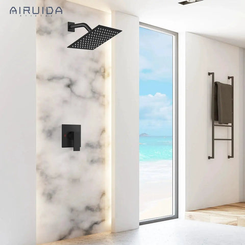 Matte Black 8 Inch Rain Shower System With SUS304 Stainless Steel Shower Head And Single Handle With Male Threads Rough In Valve Brass Mixer Wall Mount Trim Kit Easy Install Shower Faucet Set Built To Last installed in modern bathroom