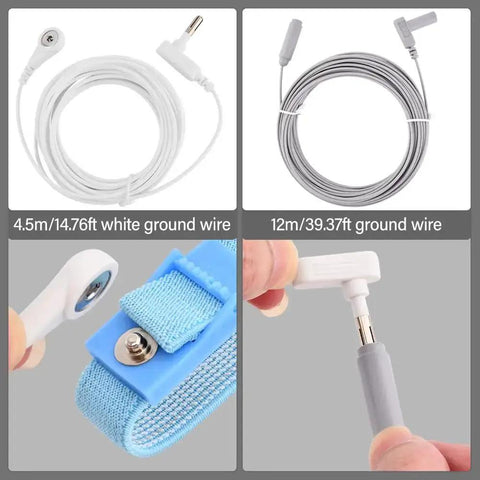 Components of Copper Grounding Rod Kit With 39 Feet White Ground Wire And Blue Anti Static Wristband, showing wires and wristband.