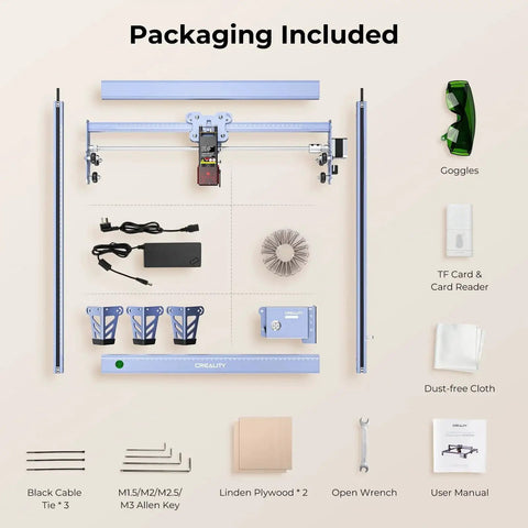 Image showing packaging contents for Falcon 5W Laser Engraver With Ultra Fine 0.06mm Spot 10000 mm Per Minute Speed For Precise Wood Leather Acrylic Glass Engraving And Cutting Offline Mode 400x415mm Working Area High Quality Dope Precision From Creality including parts, tools, and accessories.