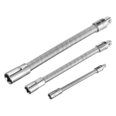 Three chrome-plated flexible socket extension bars with drive heads; varying lengths.