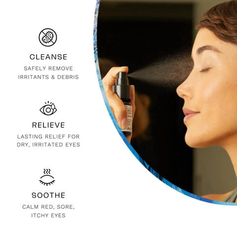 Woman using Eyelid And Eyelash Cleanser Spray With Hypochlorous Acid For Gentle Eye Care, side view illustration