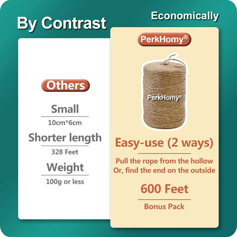 Comparison of Natural Jute Twine 2mm Thick 600 Feet with smaller 328 Feet spool, highlighting two-way pull feature and eco-friendliness.