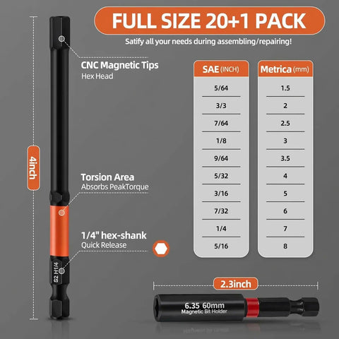 Heavy Duty 20 Piece 4 Inch Hex Bit Set With Metric And SAE Allen Wrenches, 1/4 Inch Hex Shank, S2 Steel CNC Machined Magnetic Tips