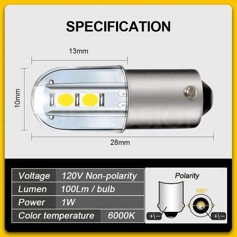 BA9S LED Indicator Bulbs 120V AC DC Pack Of 20 Cool White specifications chart with dimensions and technical details.