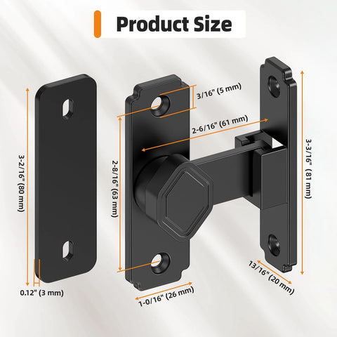 Sturdy 90 Degree Barn Door Lock Aluminum Alloy Security Flip Lock For Barn, Bedroom, Fence And Shed, Black, size labeled