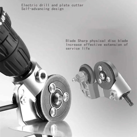 Drill Nibbler Sheet Metal Cutter Attachment shown in close-up with description of electric drill and plate cutter features.