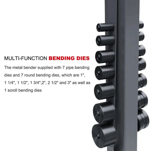 Close-up of dies on the Floor Type Compact Metal Bender With 38 Inch Stand And Large Base Plate 14 Dies Truck Ready Portable Heavy Duty Bender UBM 30