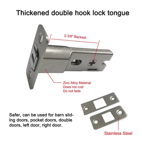 Black Privacy Pocket Door Lock With Keys Hidden Recessed Square Barn Door Latch For 1 3/8 To 2 3/16 Inch Thick Doors Zinc Alloy Brushed Nickel Finish Anti Corrosion Dust And Oil Resistant Left Or Right Hand Install latch component close-up with 2-3/8 inch backset.