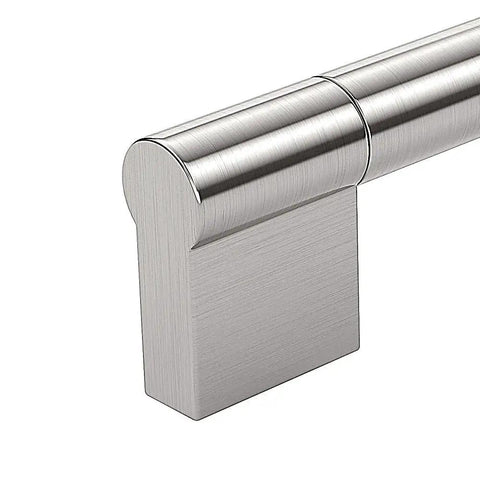 Close-up of Avellino Collection Brushed Nickel Cabinet Handle Sixteen And Three Eighths Inches Center To Center Bar Pull for cabinets.
