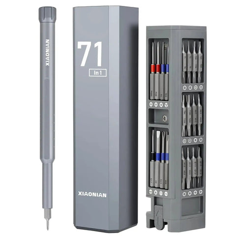 71-In-1 Mini Precision Screwdriver Set with 360 Spin, showing multi-bit repair kit in sturdy metal case for electronics repair