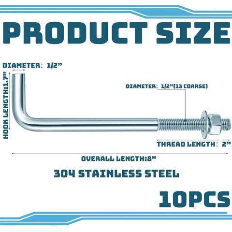 Galvanized J Bolt Anchor Set, 10 Pieces With Nuts And Washers, Concrete Fasteners For Foundation Walls, Slabs And Brick Projects, Gray Finish, 1/2-13 By 8 Inches, Durable Post And Sill Anchors For Outdoor And Indoor Construction, showing dimensions and stainless steel material details.