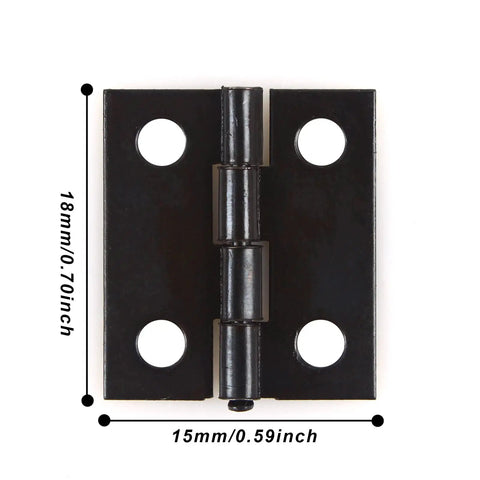 Front view of tiny 18x15mm wooden box hinges set with 200 screws for DIY jewelry boxes black small folding butt hinges retro style hardware