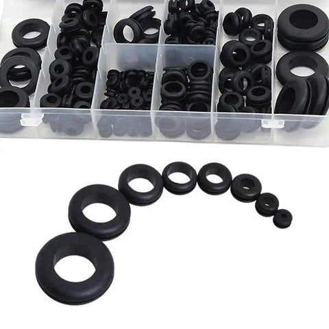 Rubber Grommet Assortment Kit 180 Pcs With O Ring Washers Made From NBR in storage box, various sizes for cable protection