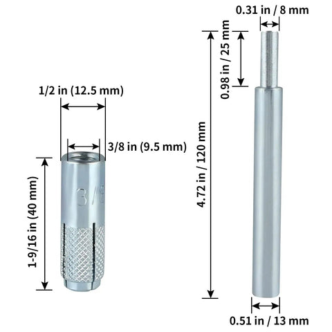 30 Pcs Drop In Anchors With Hand Setting Tool For Concrete, Three Eighths Inch Sixteen Female Thread Expansion Anchors, dimensions shown.