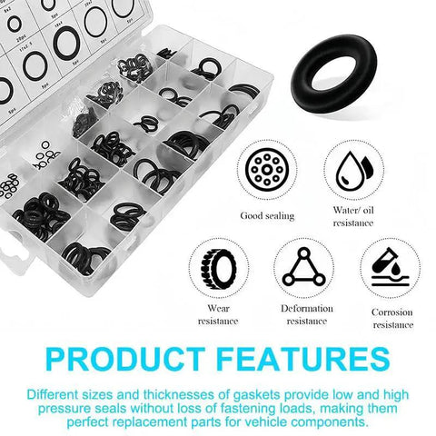 225 Pieces Nitrile Rubber O Ring Kit With 18 Size Assortment for automotive plumbing air gas and water sealing, shown in open case with features icon.
