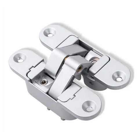 Three Dimensional Invisible Door Hinge With Silent Nylon Pads Adjustable Cross Zinc Alloy Concealed Hinge For Left Or Right Swing 180 Degree Inside Outside Mount Black Finish No Sag Quiet Operation Easy Install in silver color.