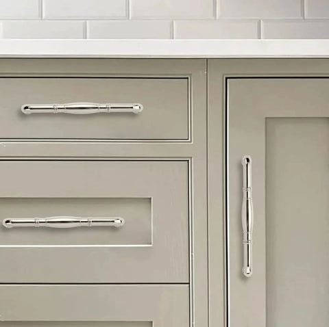 10 Pack Polished Nickel Cabinet Pulls, 3-3/4 Inch 96mm Length displayed on gray kitchen cabinets
