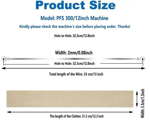 Diagram showing dimensions of heat seal strips and PTFE cloth for Six Pack Impulse Sealer Replacement Parts Set 300mm durable kit.