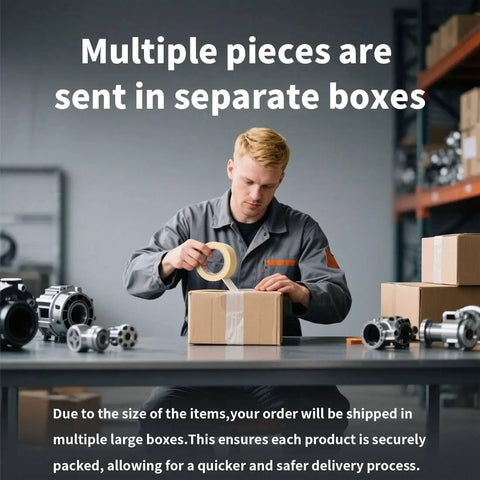 Man packing boxes in warehouse with wheel bearings on table, showcasing shipping process.