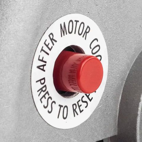 Close-up of manual reset overload button on Beefy 3.7 HP 230V Single Phase Air Compressor Motor, 56 Frame, 3450 RPM, 5/8 Shaft, 17.2A, ODP.