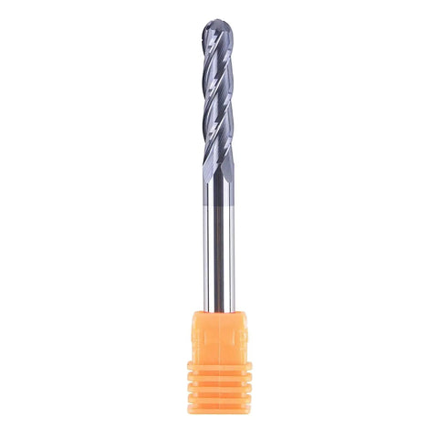 Front view of 4 Flute Ball Nose End Mill For CNC Milling With Quarter Inch Shank And Quarter Inch Cutting Diameter SpeTool Pro Grade 3 Inch Overall Length Solid Carbide TiAlN Coated