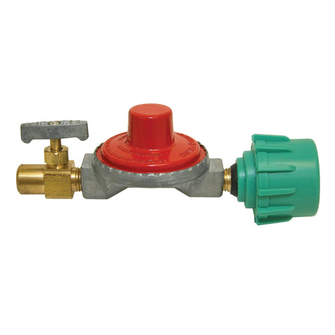 Bayou Classic 7000 high-pressure regulator/valve with brass body, red adjustment knob, green cap, 1/4-in FNPT outlet