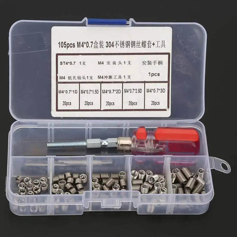 Plastic box containing the 105 Piece Stainless Steel Threaded Inserts Repair Kit Helicoil Style Wire Inserts Installation Set DIY Friendly For Aluminum And Other Metals M4 X 0.7 Thread Size Includes Easy Install Tools.