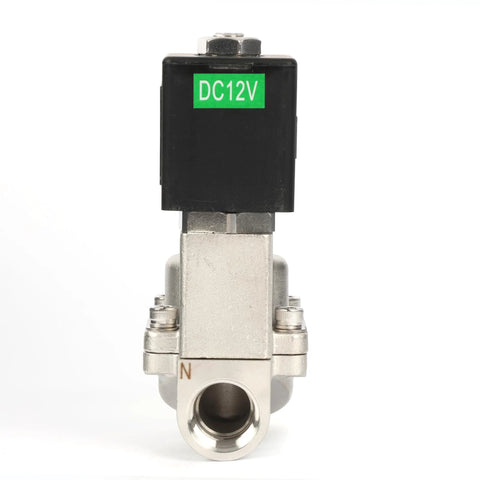 Solenoid valve, 1/2 in stainless steel body with DC12V coil, normally closed, front view
