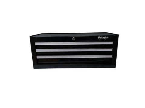Front view of a black Three Drawer Portable Metal Tool Chest With Locking Cam 26 Inch Mid Size Cabinet Ball Bearing Drawer Slides Steel Tool Storage
