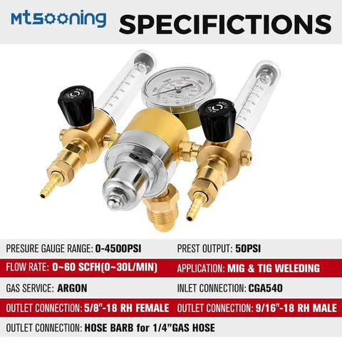 Dual Output Argon Regulator With Flow Meter For MIG TIG Welding shown with gauge and connectors, CGA580 Inlet, 4500 PSI gauge