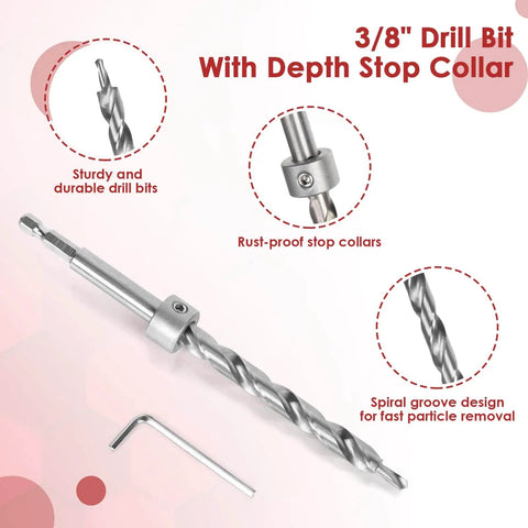 3/8" drill bit with depth stop collar, hex wrench, sturdy build, designed for All In One Pocket Hole Jig Kit projects.