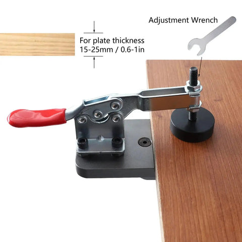 35mm Secret Hinge Boring Jig Kit For Aluminum Alloy Woodworking Guide Locator With Pro Grade Carbide Drilling Adjustable 15 To 25mm Board Thickness Built For Pros And DIY Enthusiasts In Cabinets And Furniture Making, installed side view with adjustment wrench.