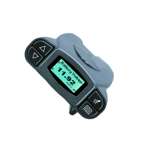 Close-up of P3-style electric trailer brake controller with LCD display and up/down arrows, gray and black housing.