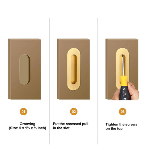 Gold 6 Inch Recessed Finger Flush Pulls For Pocket Doors Two Pack Dope Brushed Gold Stainless Steel Oval Barn Door Hardware Rust Proof Heavy Duty Sliding Door Handles in installation steps showing grooving, positioning, and tightening with a screwdriver