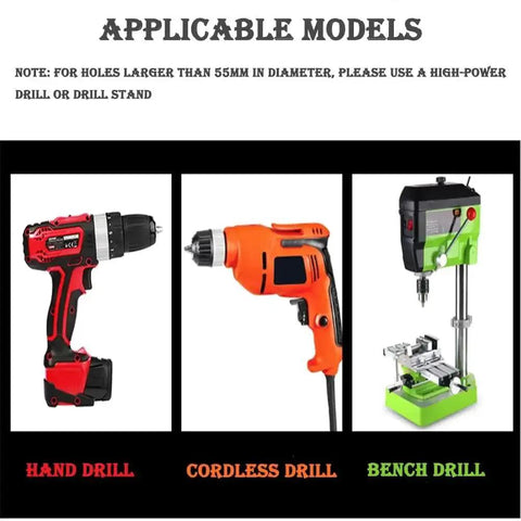 Image showing three applicable drill models: a red hand drill, an orange cordless drill, and a green bench drill.