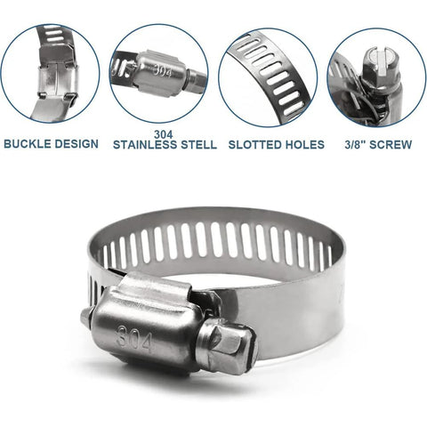 Stainless steel hose clamp with 3/8 in screw, 304 stamped, buckle design