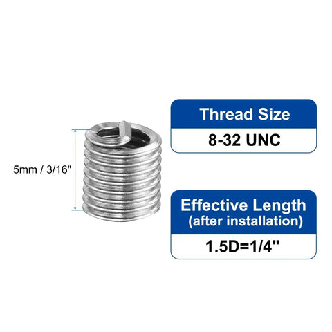 50 Pack Helical Wire Thread Inserts 8 32 UNC 304 Stainless Steel Coiled Thread Repair Kit size chart for effective lengths