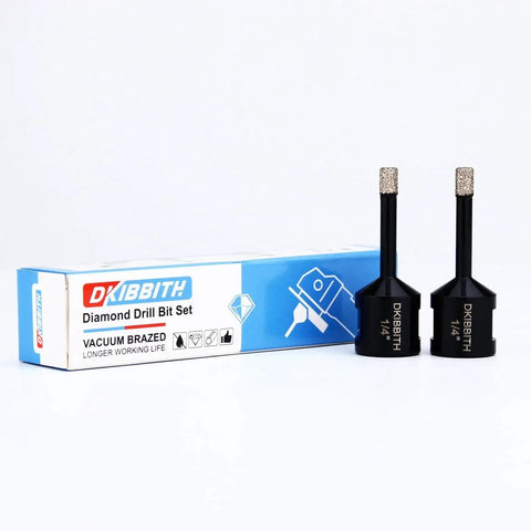 Quarter Inch Dry Diamond Core Drill Bits Set 2-Piece 6mm Diameter 5/8-11 Thread on white background with packaging.
