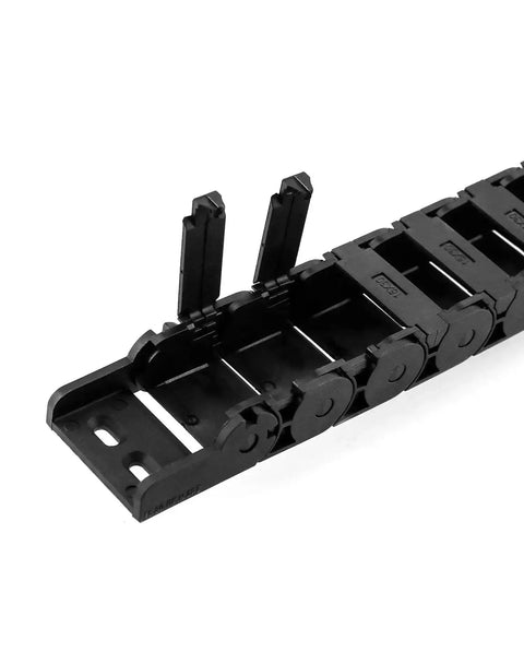 Close-up of semi enclosed cable drag chain for CNC machines and tools, 1 meter length, inner size 15mm by 30mm, R28 38 bending radius