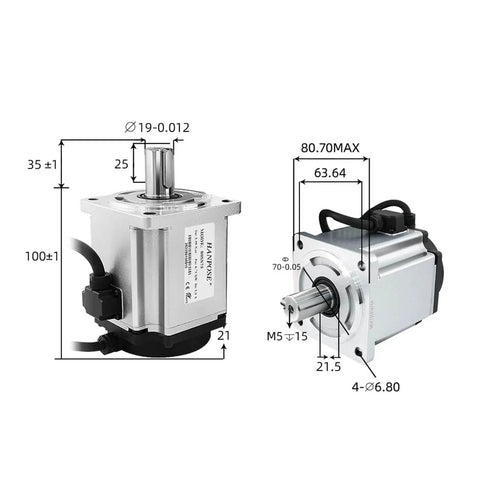 Pro Grade 5.0A 2.39N.m 750W Servo Motor Drive Kit For AC200 240V 3000rpm showing motor dimensions and design.