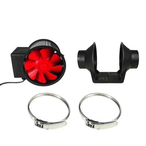 Three Inch Inline Booster Duct Fan With Speed Control, red blades, metal clamps, parts for high flow greenhouse ventilation, low noise